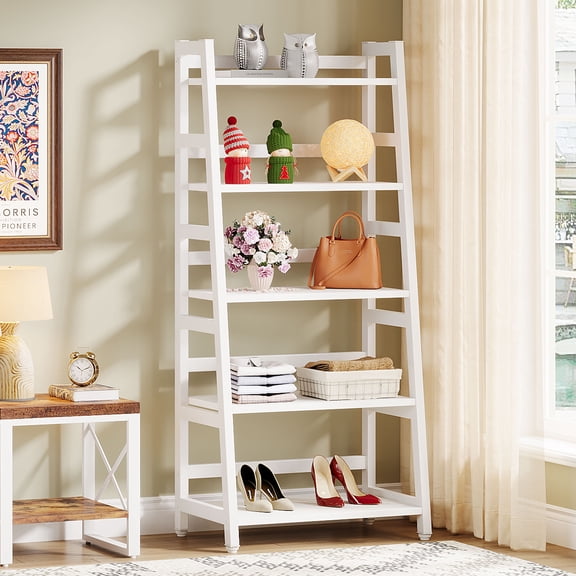 Finmind 5-Tier Industrial Bookshelf Bookcase, 5 Shelf Ladder Book Storage Shelf for Living Room, Home Office, White