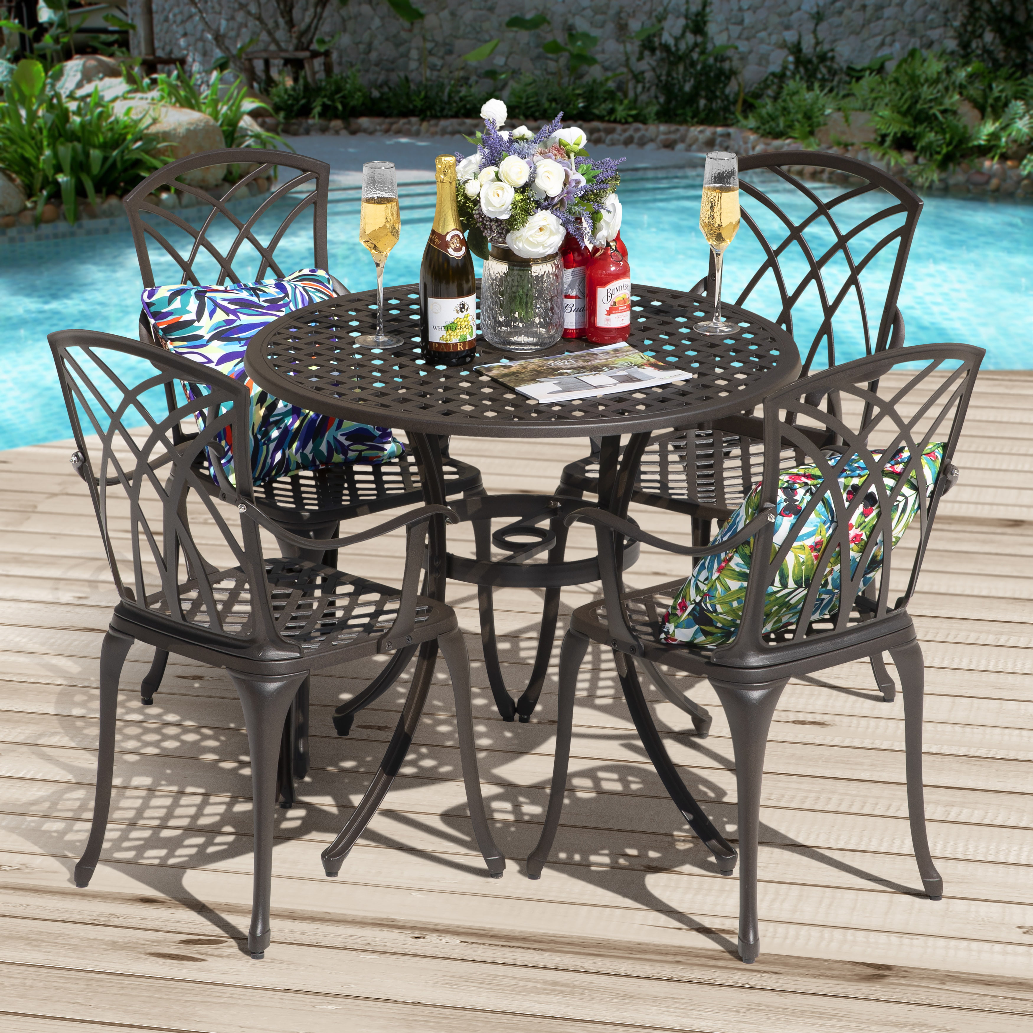 1 Round Table + 4 Chairs Without Cushion Weather-Resistant Conversation Set 5-Piece Patio Dining Set Outdoor Cast Aluminum Table & Chair Set Patio Dining Table Set with Umbrella Hole