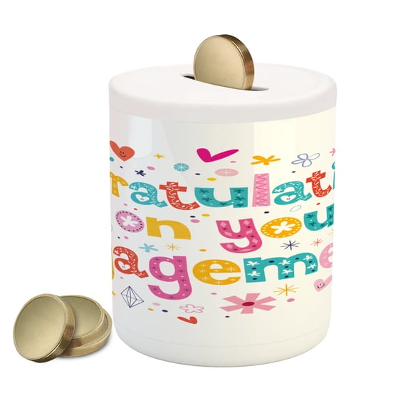 Engagement Party Piggy Bank, Congratulations Theme Hearts Spots Floral Detail Art Print, Ceramic Coin Bank Money Box for Cash Saving, 3.6" X 3.2", Multicolor, by Ambesonne