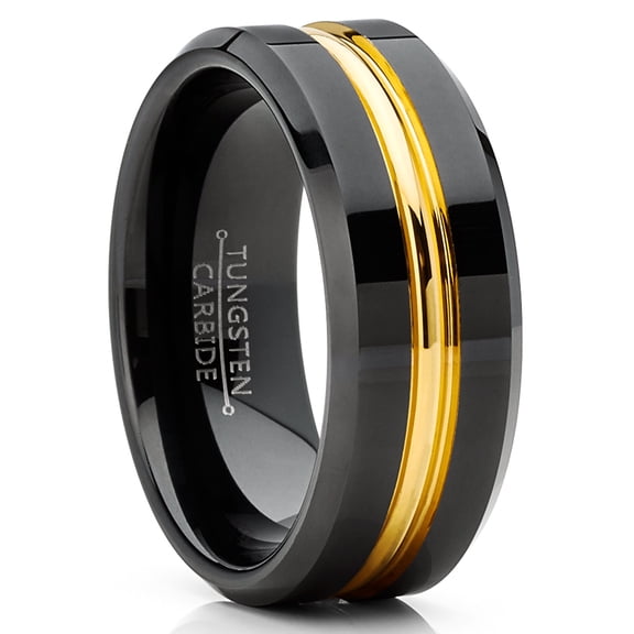 Metal Masters Mens Tungsten Ring Goldtone Wedding Band Grooved Comfort-fit 8mm
