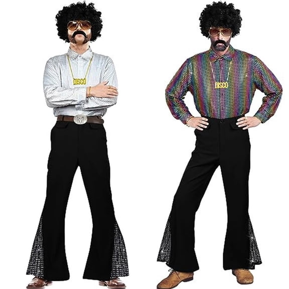 ZHOGXU Mens Pants High Waisted Solid Color Patchwork Sequins Retro Fashion Flare Trousers For Casual Daily Wear Black L