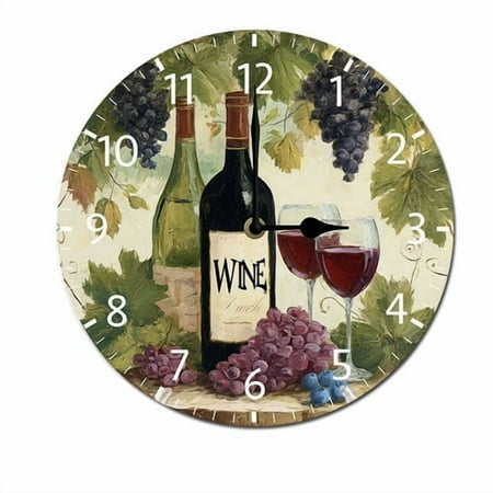 ZXCXRQFa Grapes Wine Glass Bottle Round Wall Clock Daisy Silent Non Ticking Wooden Wall Clocks Battery Operated for Home Office School Decor,10 Inch