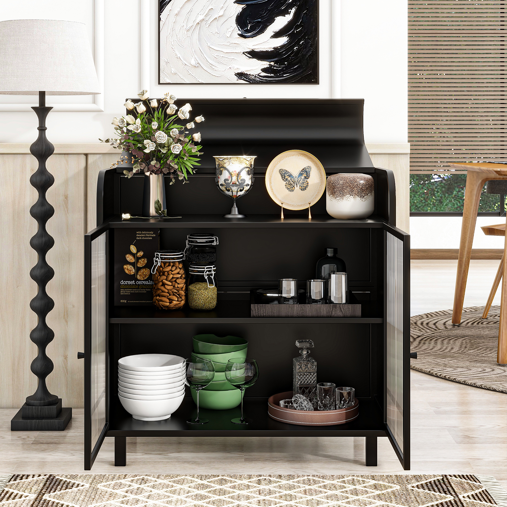 Leumius Modern Sideboard Buffet Cabinet with Tempered Figured Glass Doors, Flip Top, Inner Shelves, Metal Frame Storage Console for Dining Room, Kitchen, Living Room & Entryway (Black)