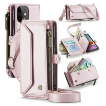 Compatible with iPhone 11 Rugged PU Leather Wallet Case, Card Slots Zipper Pocket Lanyard Crossbody Strap Kickstand RFID Blocking Full Body Protection Cover for iPhone 11, Pink