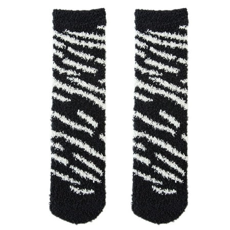 

HOTYA Women Winter Microfiber Fuzzy Slipper Crew Socks Contrast Color Zebra Stripes Printed Thick Cozy Warm Home Floor Sleeping Hosiery Gifts