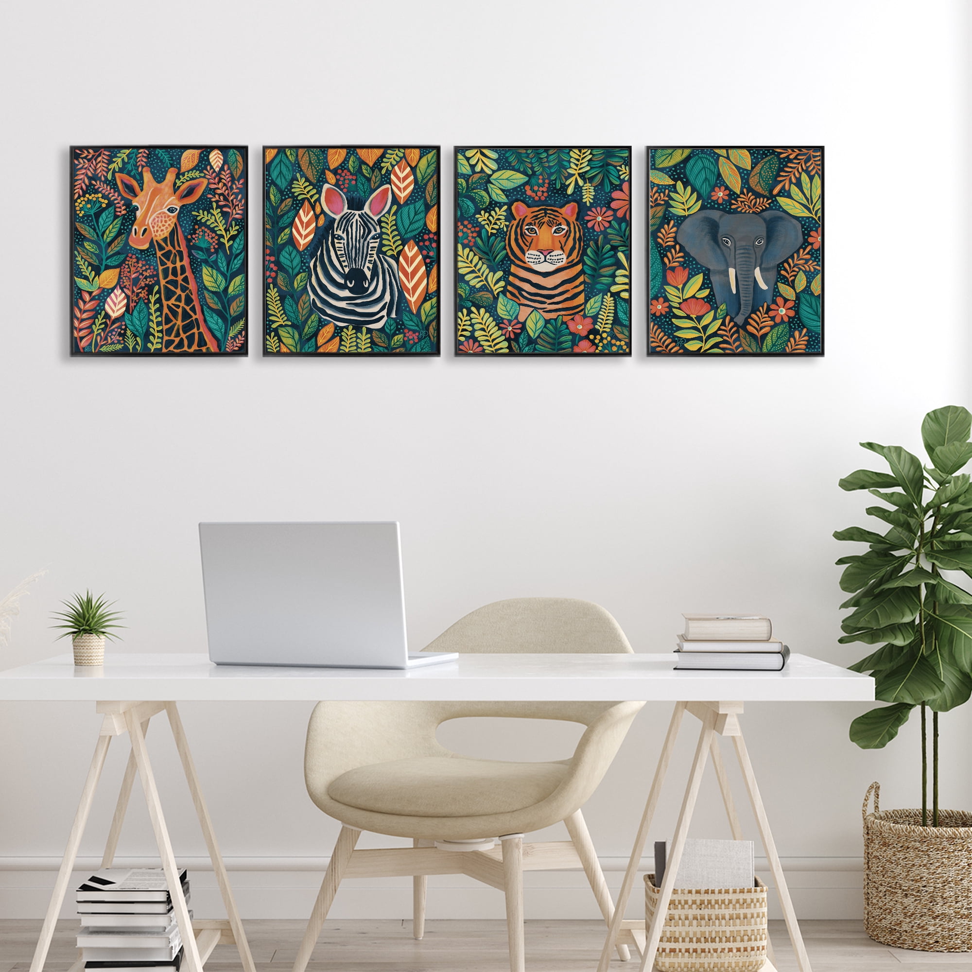 Stupell Industries Jungle Leaf Pattern Animals 4 Piece Black Framed Giclee Art Set, design by Lisa R Dumm