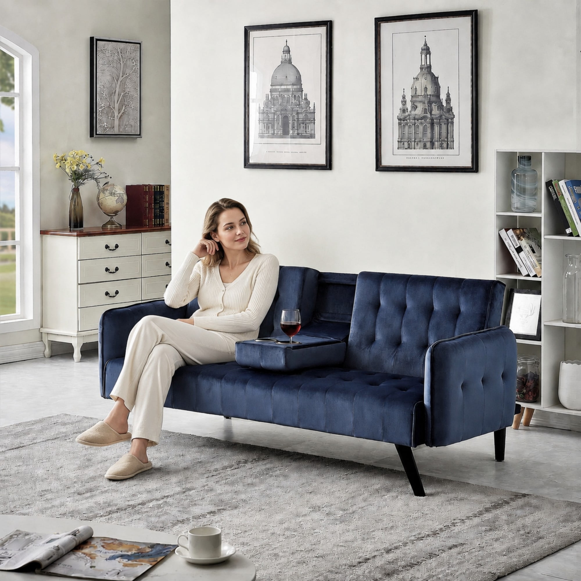BSHTI 72" Linen Sleeper Sofa Bed with Folding Backrest,Adjustable Back, Drop-Down Table with Cup Holder for Living Room（Dark Blue）