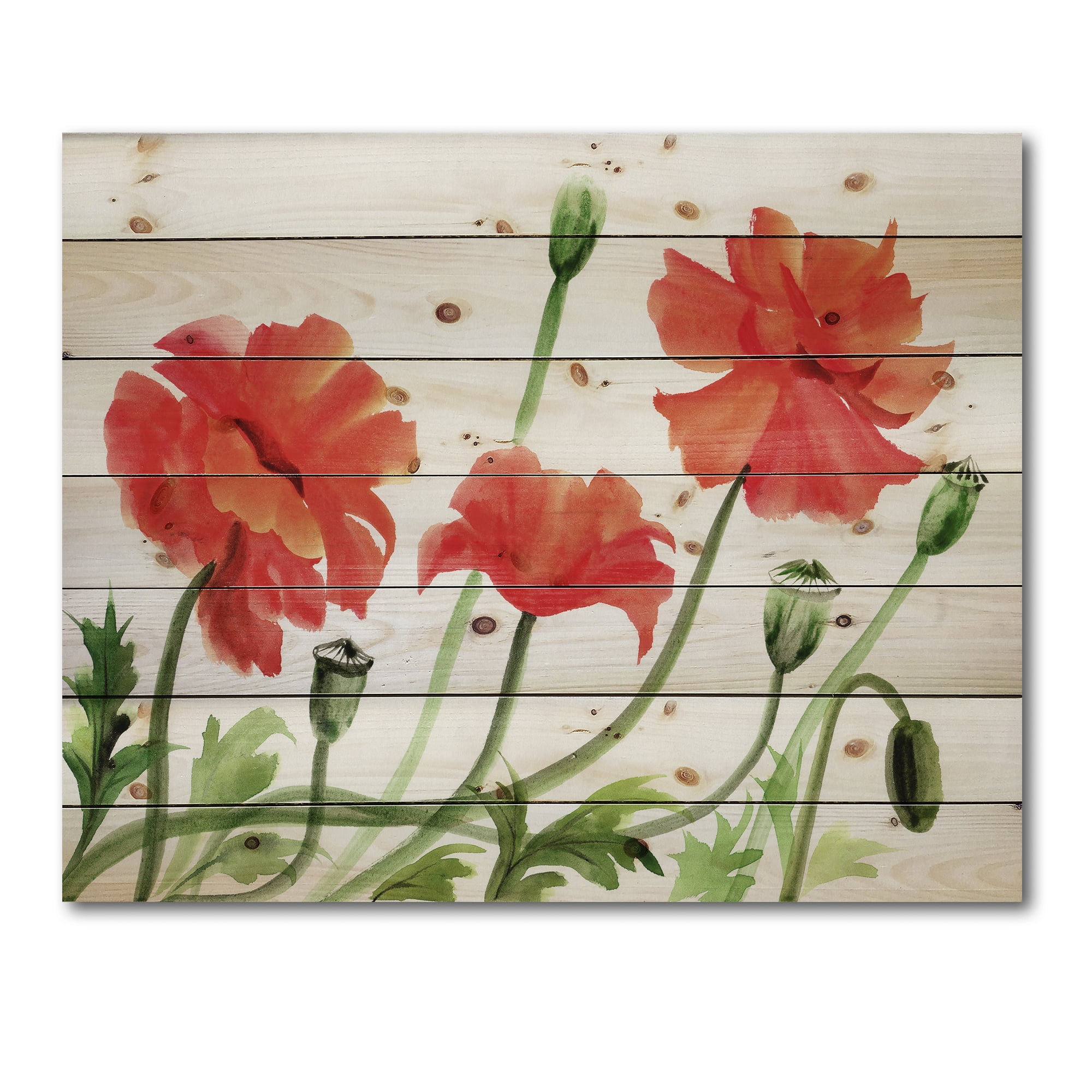 Designart 'Ancient Red Poppies III' Traditional Print on Natural Pine Wood