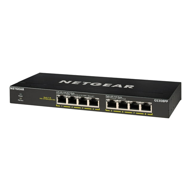NETGEAR GS308PP - Switch - unmanaged - 8 x 10/100/1000 (PoE+) - desktop, wall-mountable - PoE+ (83 W) - DC power