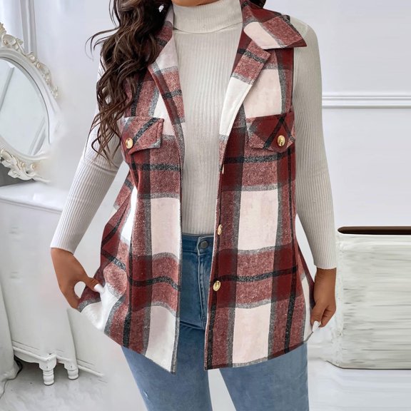 SYMOID Womens Plus Size Plaid Vest Sleeveless Wine Checkered Button Down Tank Top, Open Front Layering Vest with Pockets for Fall Casual Outfits,Size XL