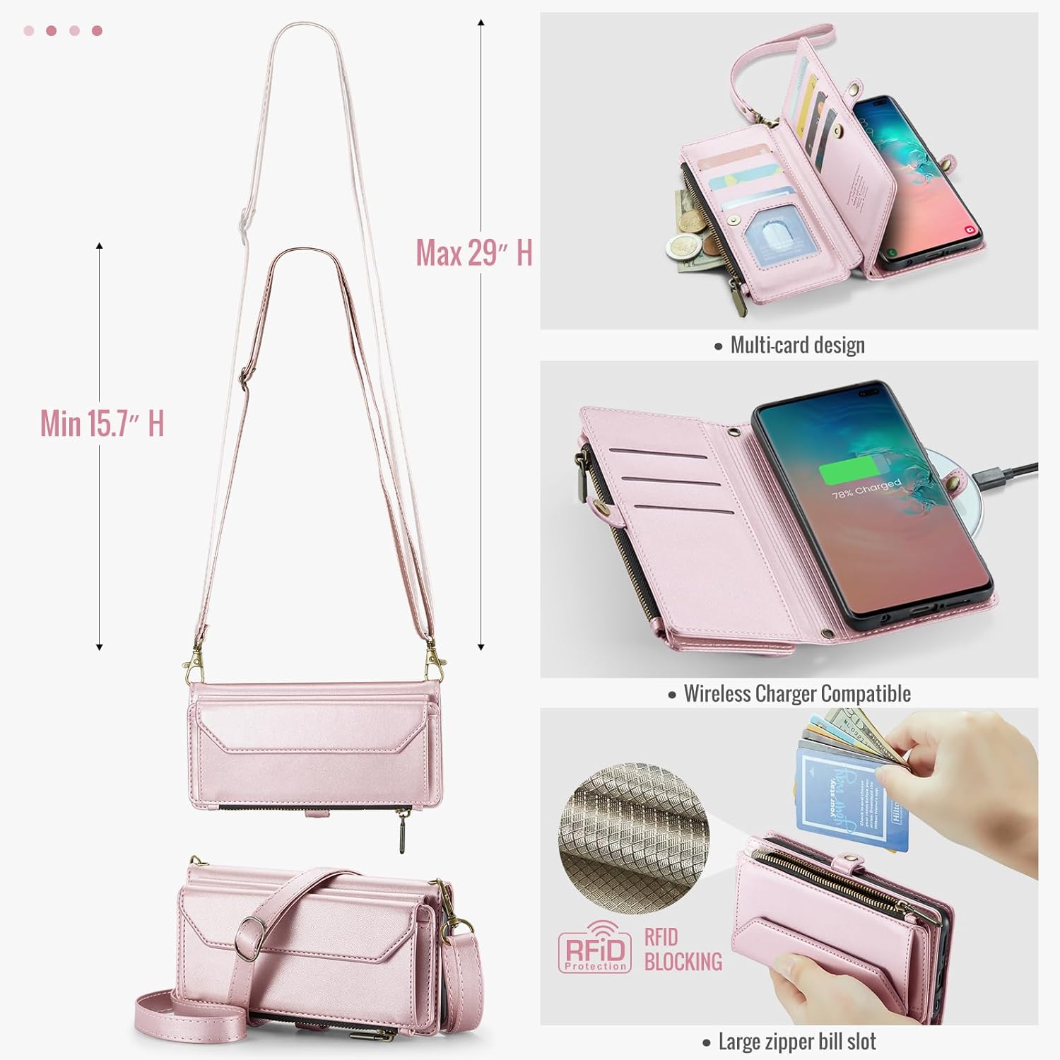 Phone Case for Samsung Galaxy S10 Zipper Wallet Cover with Tempered Glass Screen Protector and Leather Flip RFID Blocking Credit Card Holder Cell S 10 Edge 10S GS10 X10 Women Girls Rose Gold