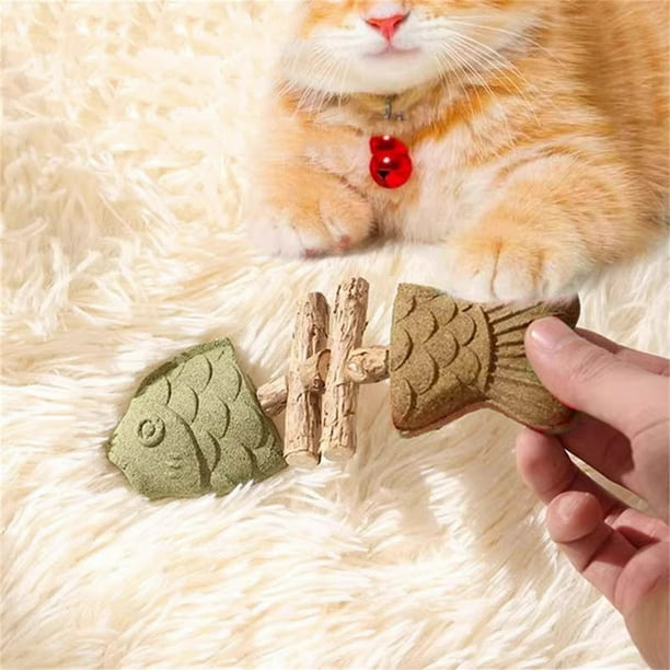 Juguete para morder gatos, diseño natural de espina de pescado, salud dental, con hierba gatera y enredadera plateada, limpieza dental, rechinado, 17 cm x 6,5 cm para felinos