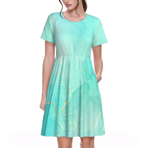 Balery Cyan Mint Marble Vestidos sueltos de manga corta para mujer, vestidos de verano 2025, vestidos casuales de corte A con vuelo.