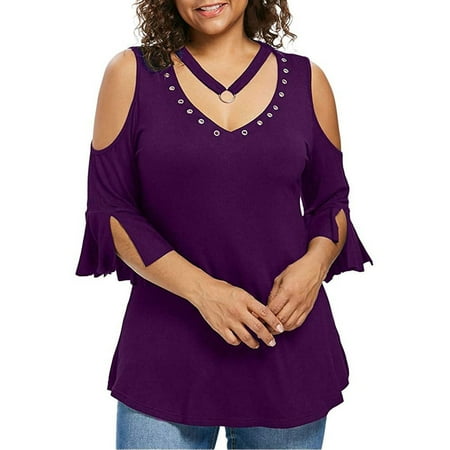 

Cold Shoulder Tops for Women Plus Size Loose V Neck T Shirt Summer Solid Color Flowy Tunic Asymmetrical Blouse
