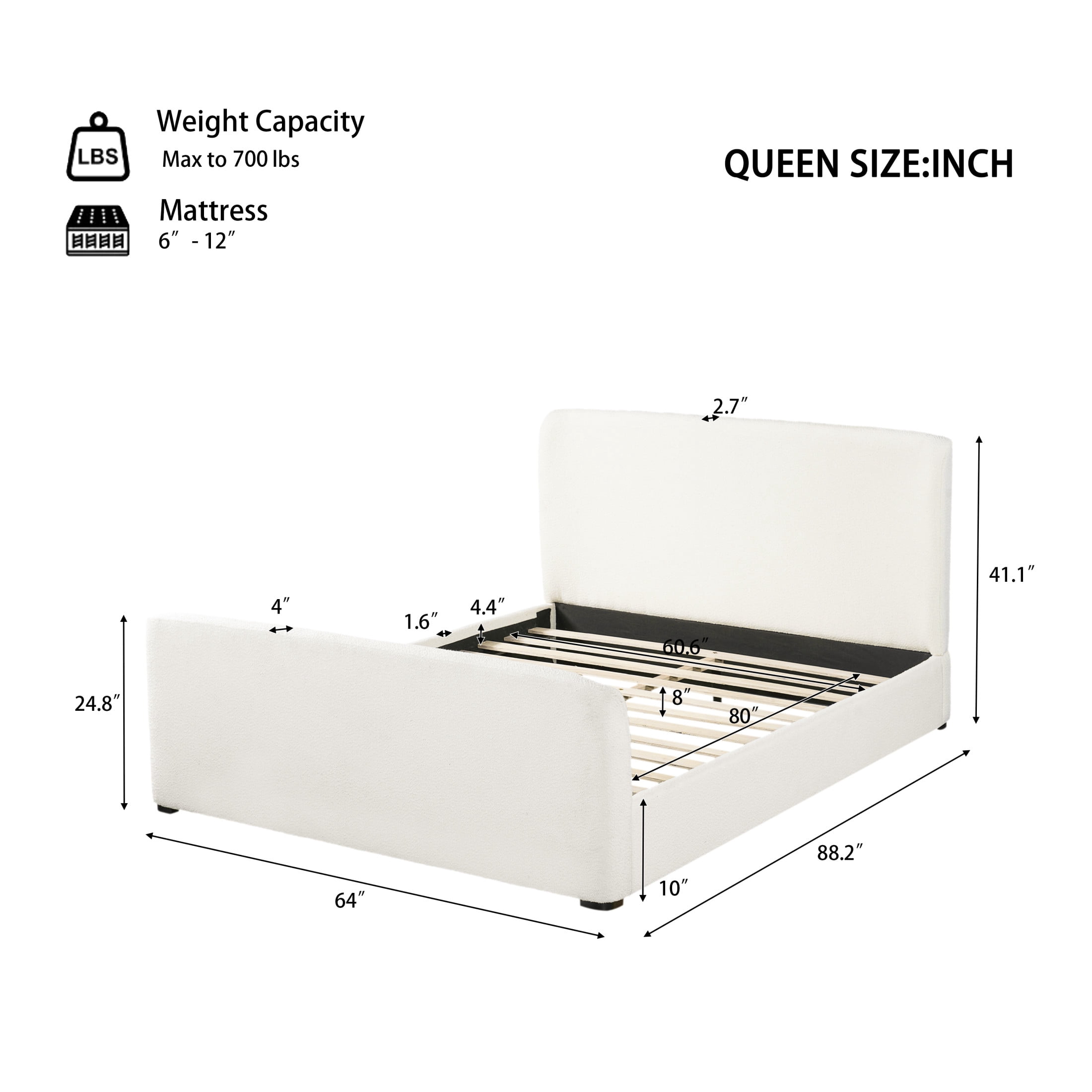 Christopher Knight Home Queen Upholstered Bed Frame with Boucle Fabric, Thick Headboard, White