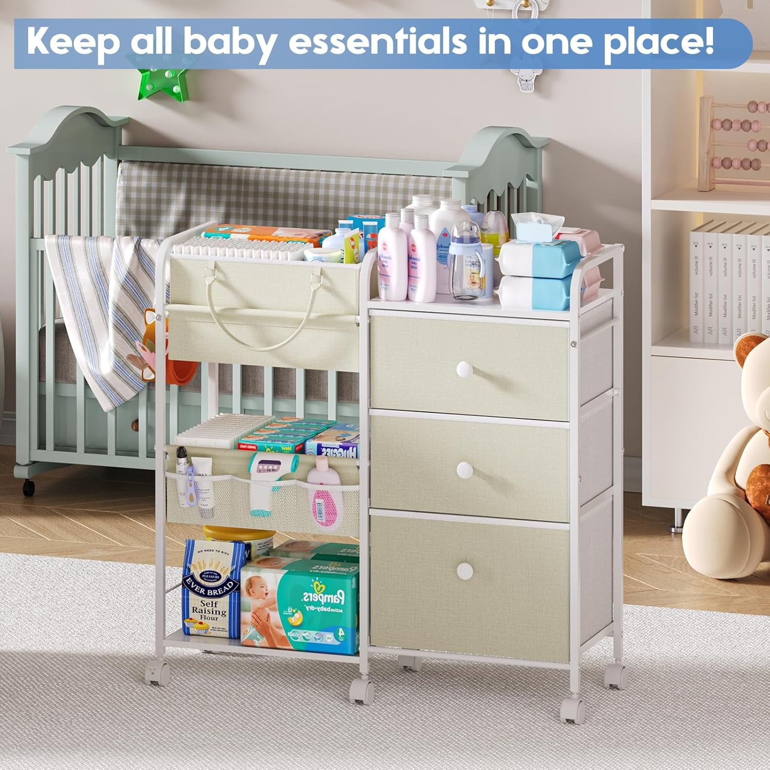 Gofinoday 2-in-1 Baby Diaper Caddy Organizer, 3-Tier Rolling Nursery Cart with Removable Caddy, Dividers, Drawers and Lockable Wheels, White