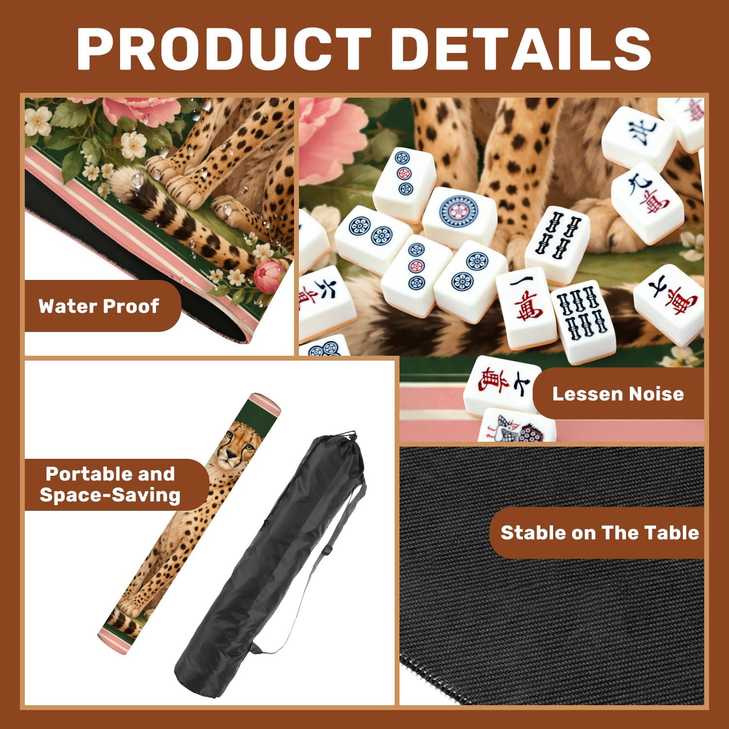 Mahjong Mat 31.5" x 31.5" Leopard Green Eyes Surrounded by Pink Flowers Bees Dark Green Non-Slip Noise Reduction Chic Portable Gaming Table Cover for Family Game Night & Gift