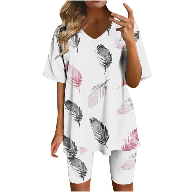 Blusas para las Mujeres Casual Impreso Cuello en V Manga Corta Blusa Pantalones Cortos, Conjuntos de Ropa para las Mujeres