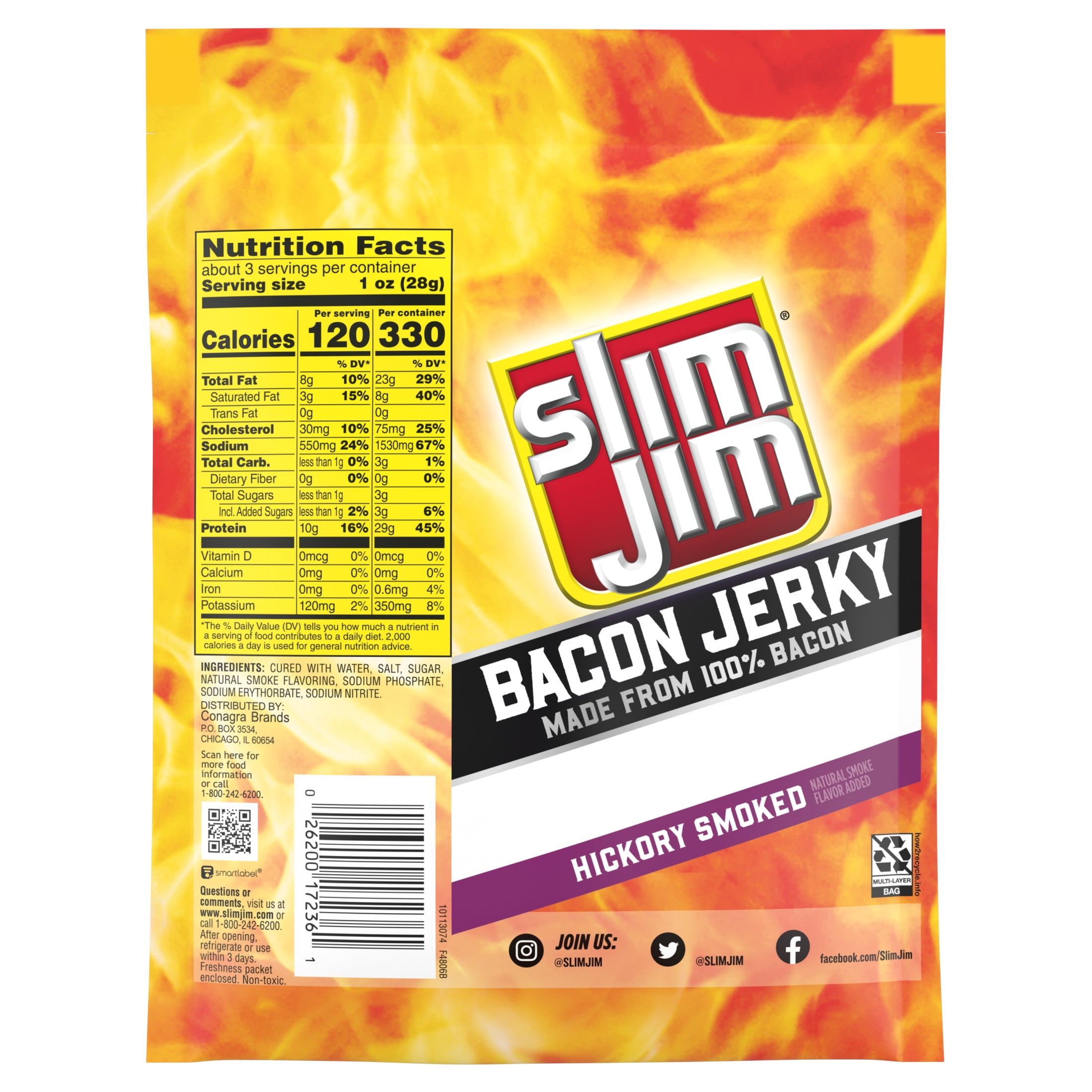 Slim Jim, Smoked Bacon Jerky, 2.75 oz, Hickory Flavor - Walmart.com