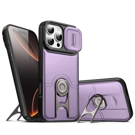 Protective Magnetic Case for iPhone 16e/17e, Hard PC Soft TPU Cover with Sliding Camera Lens Cover and Ring Bracket Stand, Rugged Cover for iPhone 16e/17e, Purple