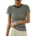 thumbnail image 2 of HOMBOM Striped Blouses for Women Trendy Black Slim Fit Cotton Short Sleeve Crew Neck T-shirt S, 2 of 6