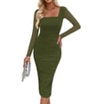 thumbnail image 1 of Vestido PRETTYGARDEN Midi Fruncido de Manga Larga Verde Militar M, 1 of 8