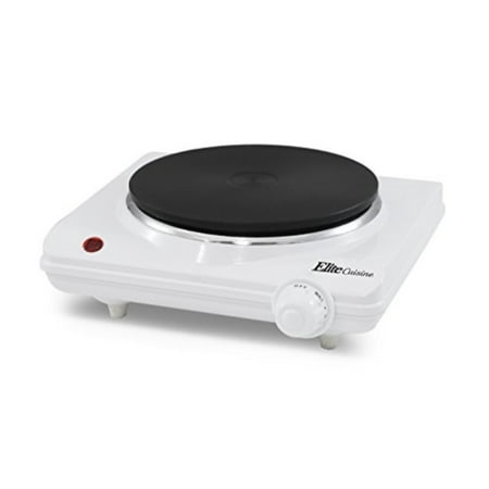 Elite Cuisine ESB-301F Single Electric Flat Cast Iron Heating Plate Burner, Power Indicator Light Non-Skid Feet, Easy To Clean, 1000 watts White