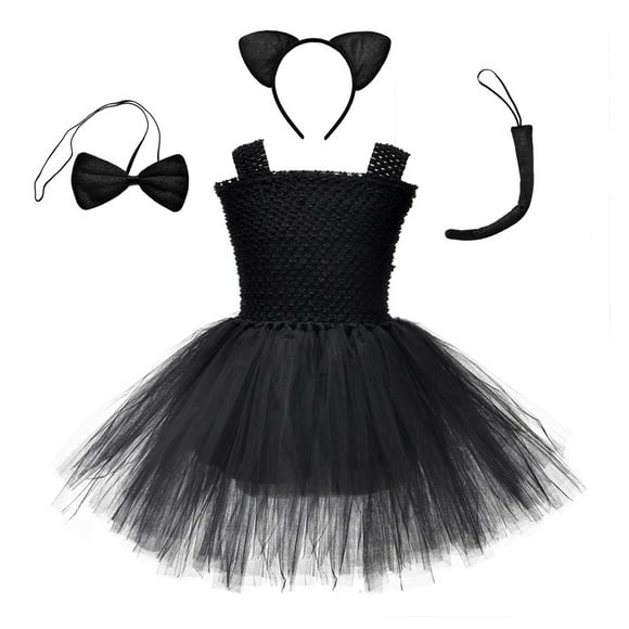 4 Pieces Black Cat Costume Set Cat Ears Headband Black Tail Bowtie Tutu Skirt Cosplay Halloween Costume