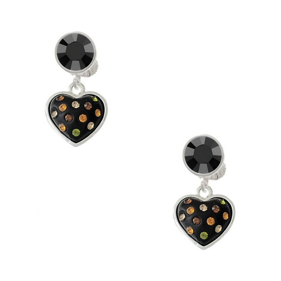 Delight Jewelry Silvertone Black Resin Heart with Fall Crystals Black Crystal Clip on Earrings