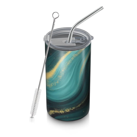 20oz Coffee Tumblers Teal Gold Marble Wave Pattern Stainless Steel Vacuum Insulated Travel Tumbler Coffee Cups Mug with Lid and Straw with Cleaning Brush for Cold & Hot Drinks