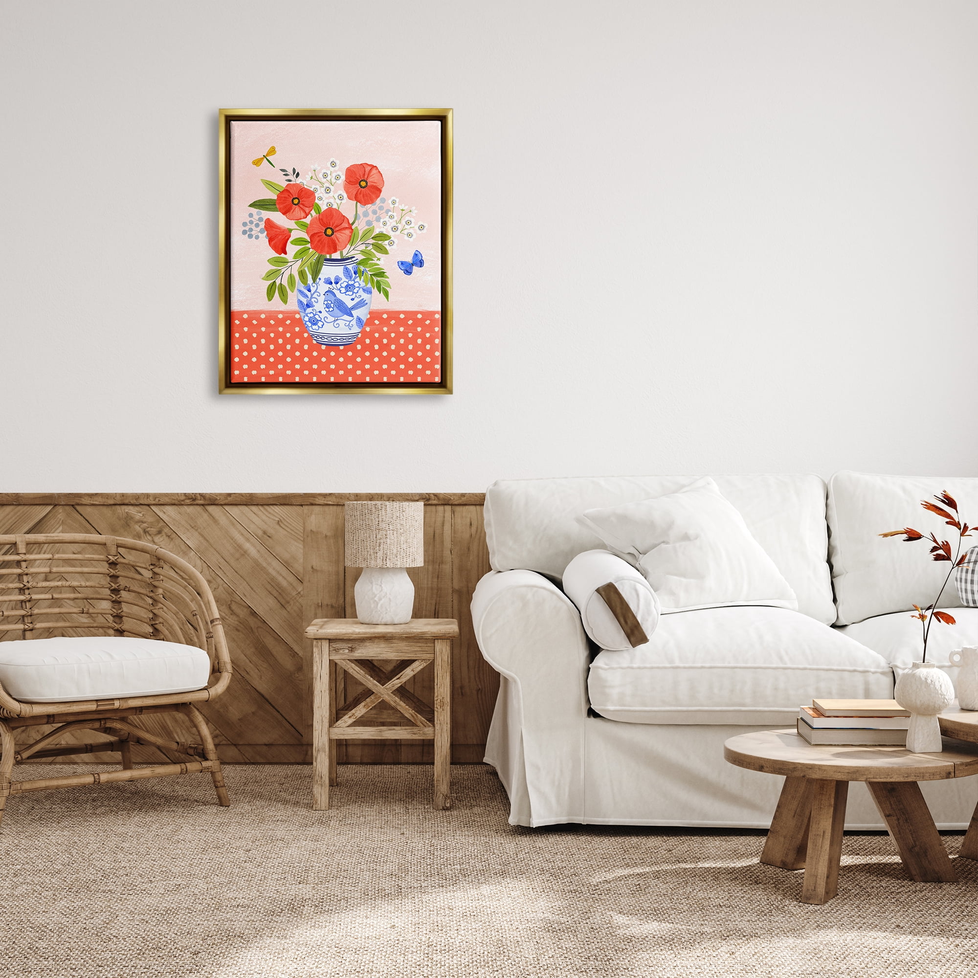 Stupell Industries Bright Bouquet on Polka Dots Botanical & Floral Painting Gold Floater Framed Canvas Art Print Wall Art, 25 x 31