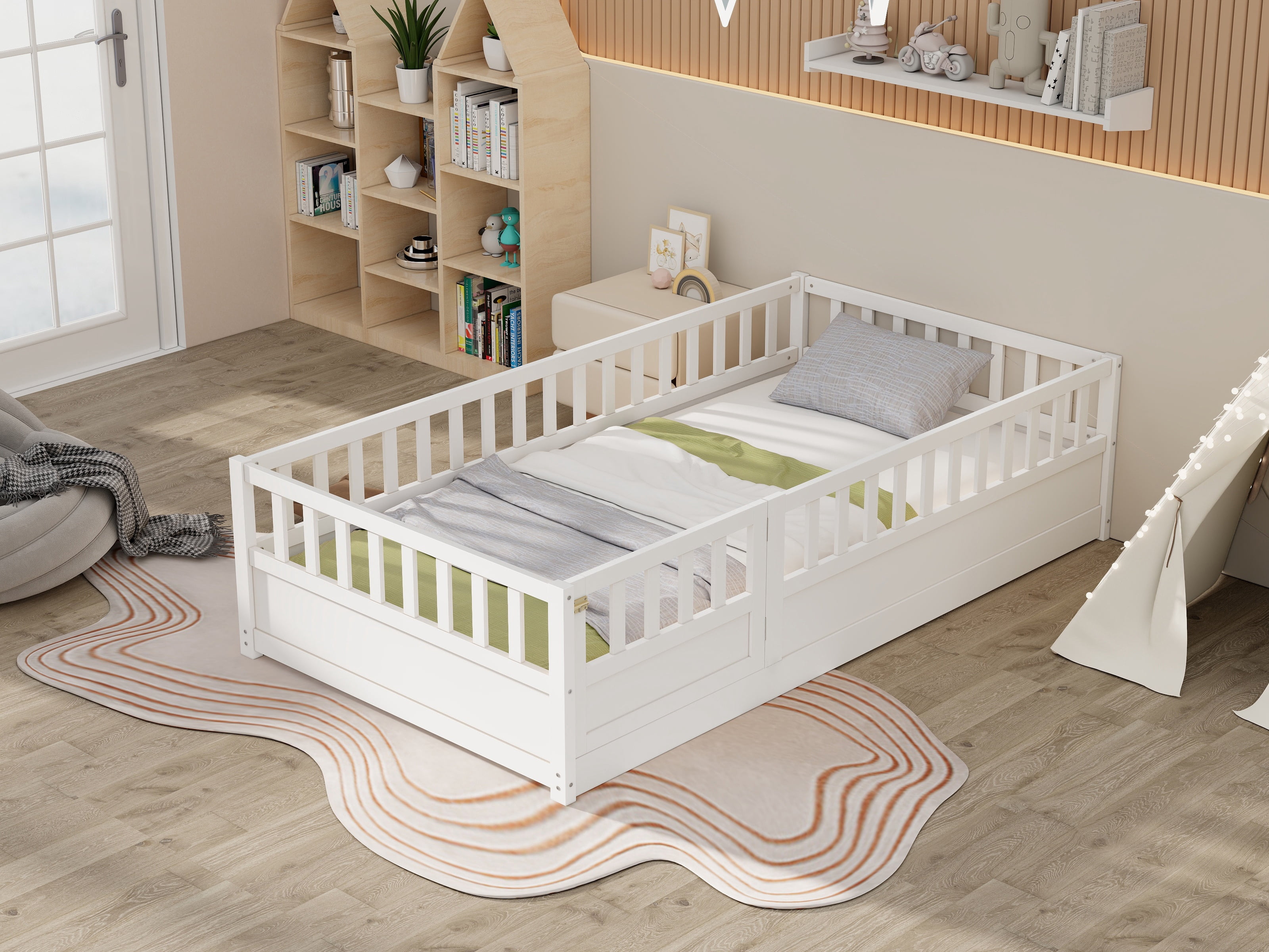 Bellemave Twin Size Floor Bed with Door and High Fence Guardrails Floor Bed with Bed Slats Wooden Floor Bed Montessori Bed Frame (Twin, White, With Slats)