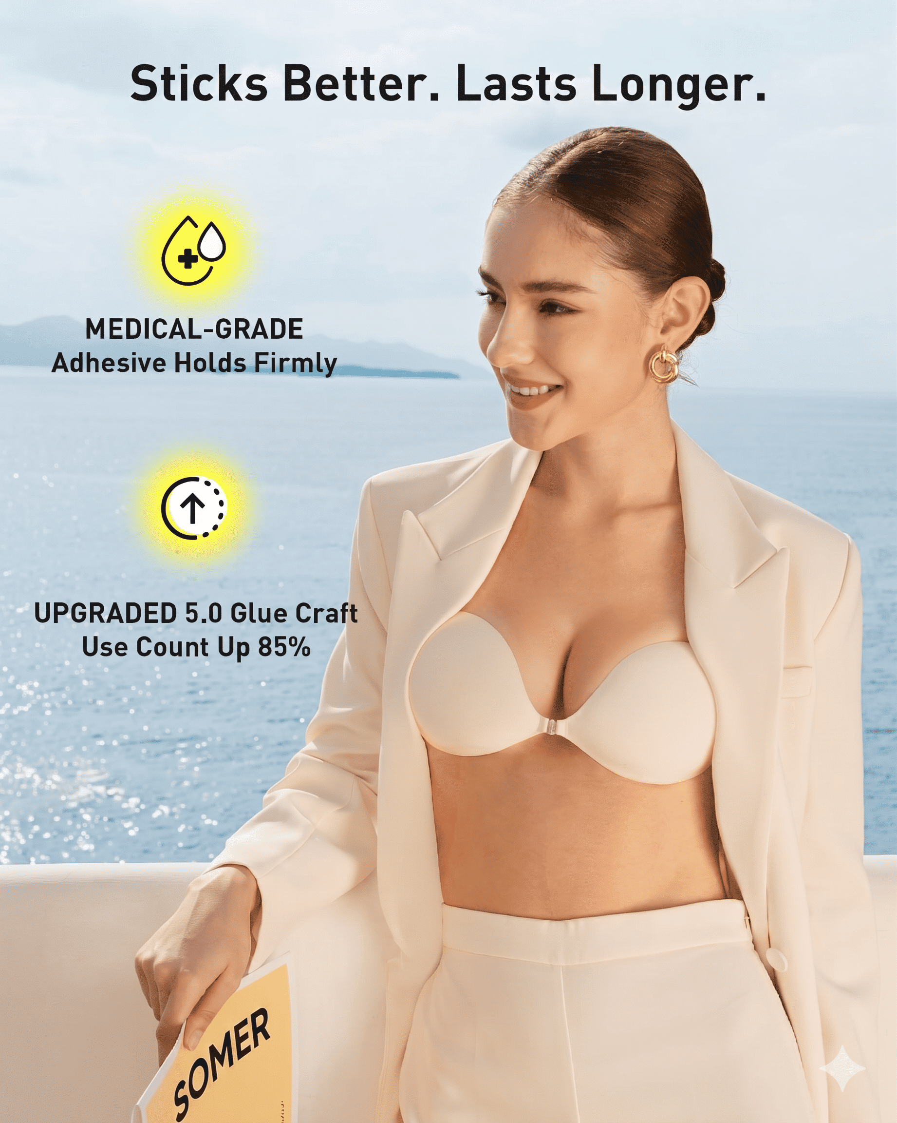 SOMER Backless Bra, Sticky Bra, Reusable Adhesive Bra, Strapless Bras for Women, Backless Strapless Bra Push Up, Adhesive Invisible Lift Up Bras 2 Pairs