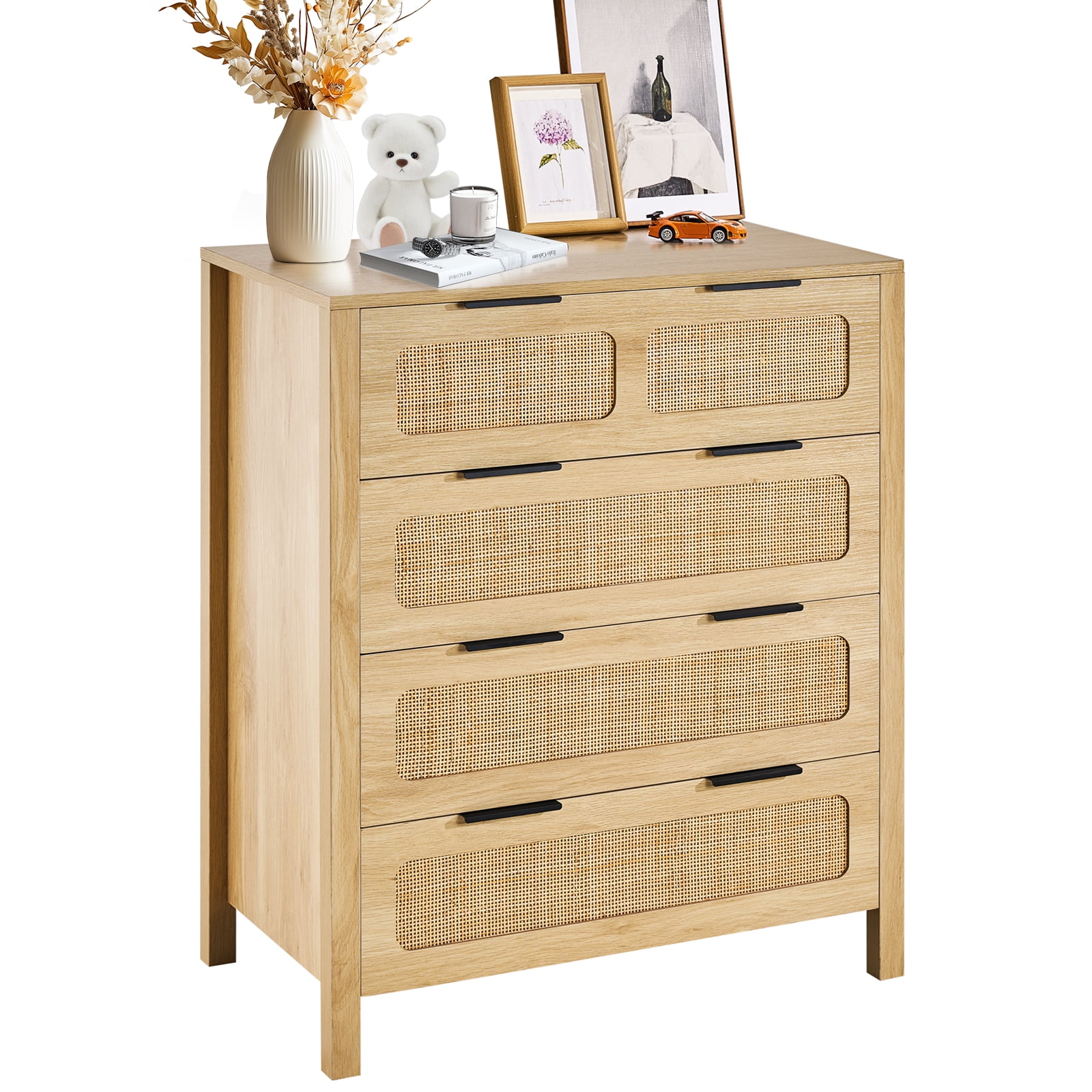 KFFKFF 4-Compartment Rattan Chest, Authentic Rattan Wood Storage Unit with LED Illumination, Contemporary Wooden Apparel Sorter & Storage Bohemian Chest with Robust Handles & Stand