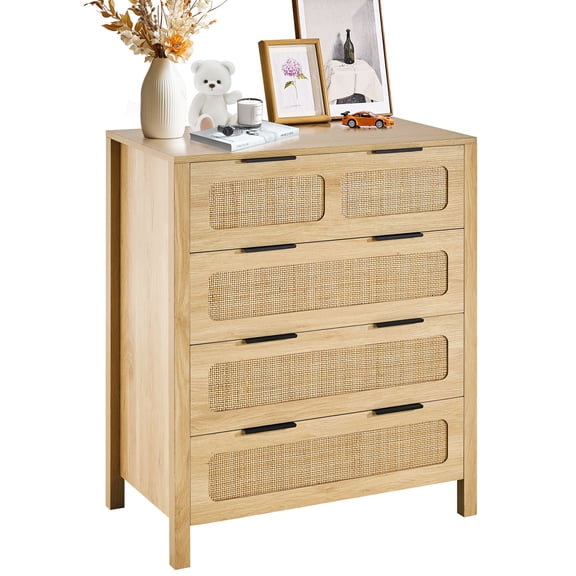 VEVOR 4 Drawer Rattan Dresser,Boho Dresser, Rattan Chest of Drawers with Spacious Storage, Natural Rattan Dresser for Bedroom, Living Room & Hallway,Rattan Nightstand with Sturdy Handles&Legs,Brown