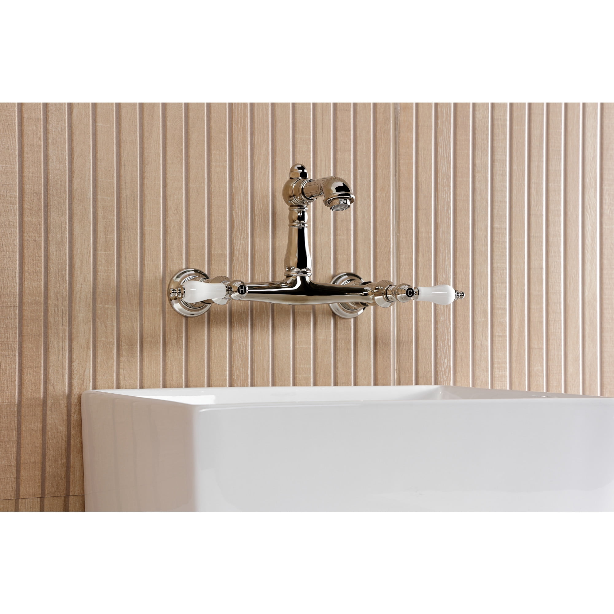 Kingston Brass KS7256PL English Country Double-Handle 2-Hole Wall Mount Bathroom Faucet in Polished Nickel