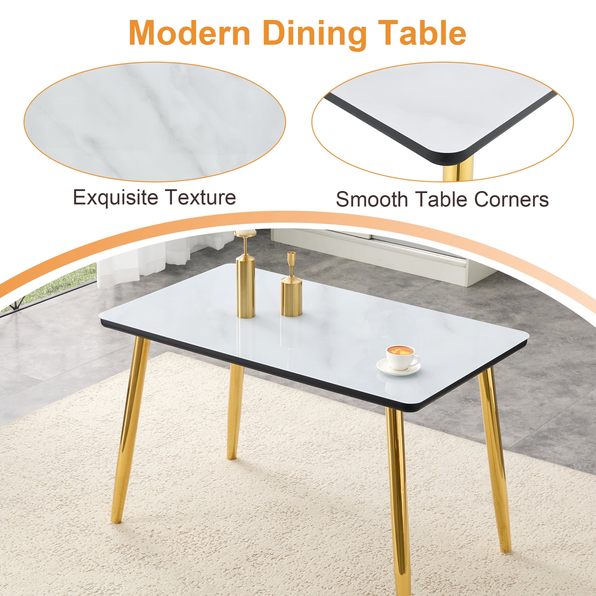 Mintazer 47.3 Inch Modern White Marble Vein Rectangular Dining Table with Tempered Glass Top & Black Table Edge, Minimalist Kitchen Table for 4-6 People, White & Gold