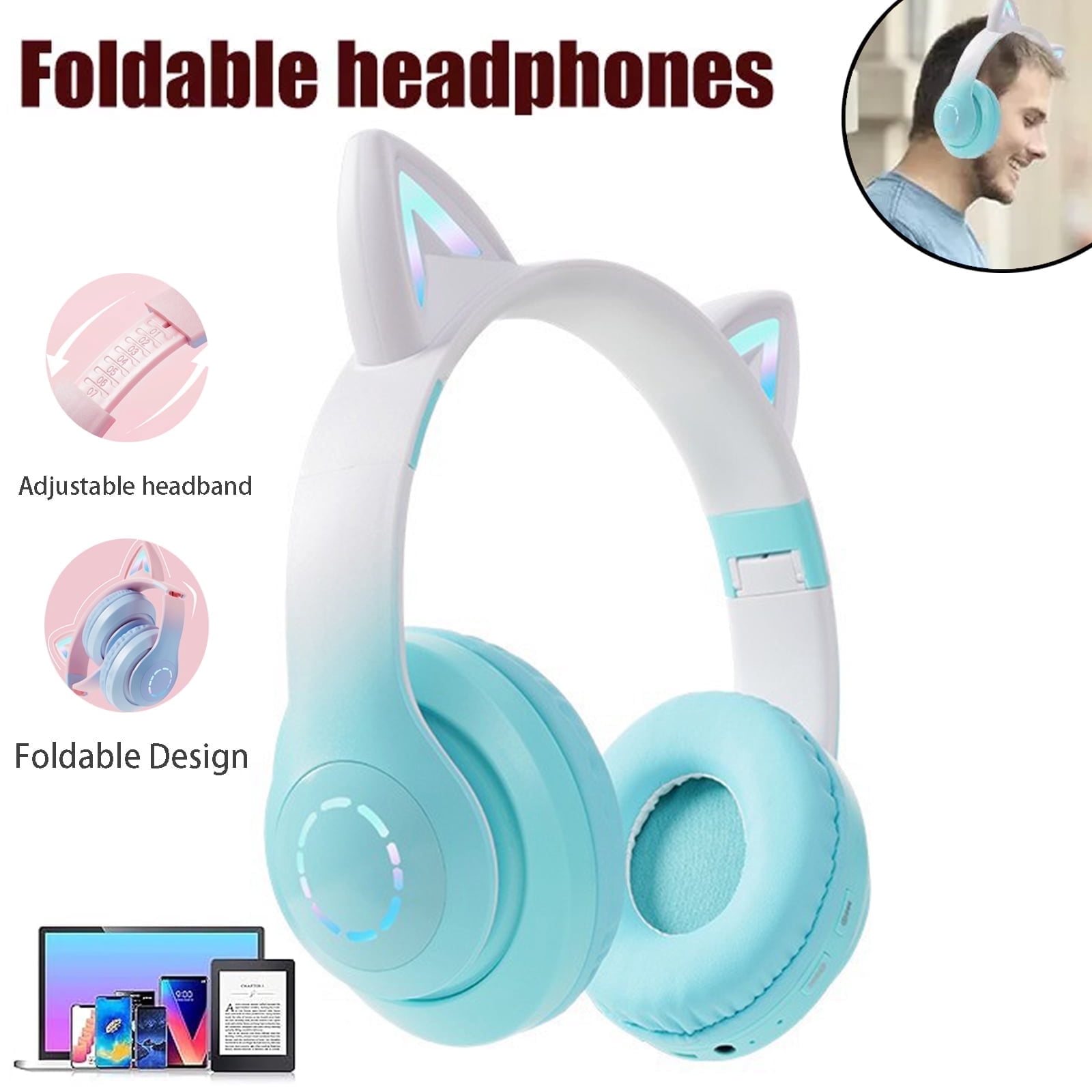 Soapow Cat Ear Kids Bluetooth Headphones for Girls for School, Foldable Gaming Headset with Microphone/LED Light up, Adjustable Headband Teens Toddlers Wireless Earphones for Tablet/PC(Green)