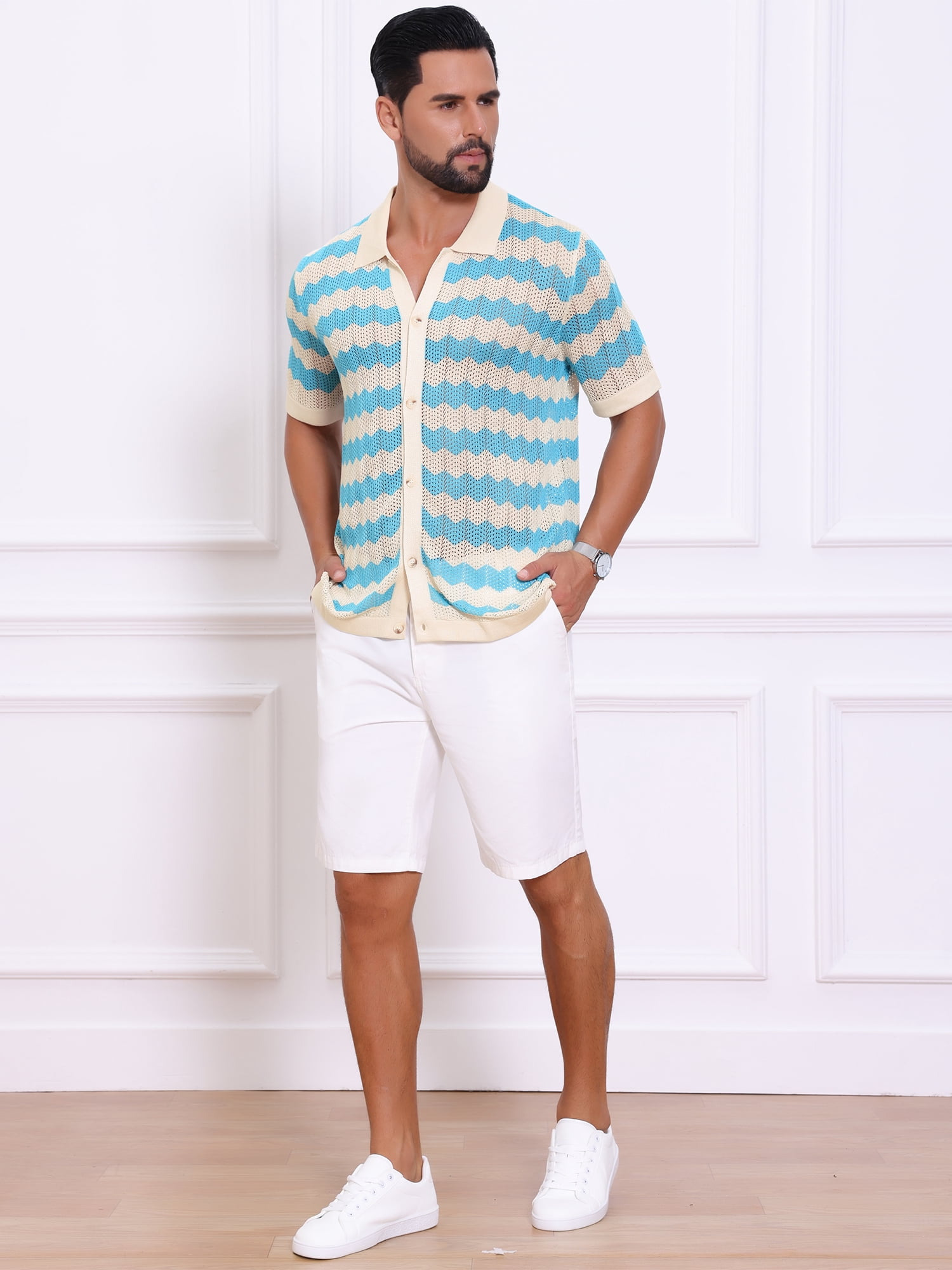 DARING DIVA Men's Wave Crochet Hollow Out Button Down Striped Shirts S Blue