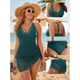 thumbnail image 4 of MOYIKO Women One Piece Swim Dress Swimsuits Slimming Mesh Sheer Sarong Wraps Bathing Suit Monikini Drawstring Bluish Green Swimsuit Size L, 4 of 7