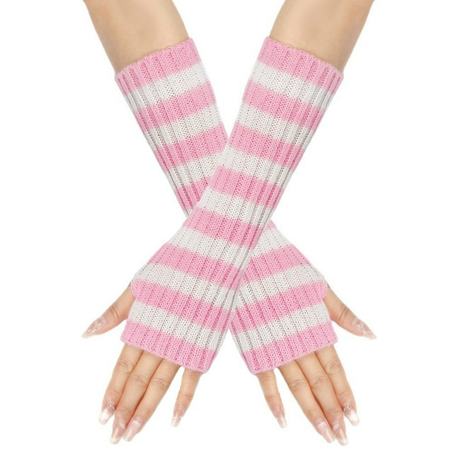 GDREDA Winter Striped Fingerless Convertible Mittens Touchscreen Texting Warm Knitted Handwear For Cold Weather Outdoor Activities Light Pink,One Size
