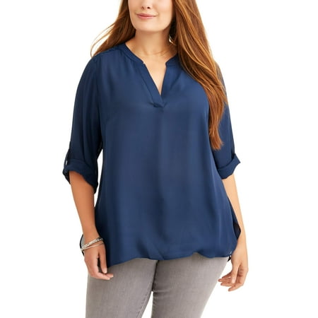 Capri Blouse - Women's Plus Size Roll Cuff Contrast Top
