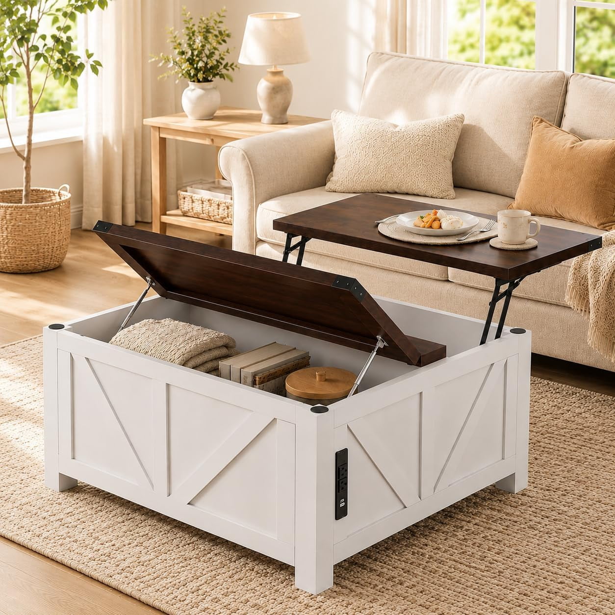 Simple Deluxe Lift Top Coffee Table with Storage, 35.5" Square Coffee Tables for Living Room, Farmhouse Coffee Table with Large Hidden Storage, Coffee Tables with Lifting Top for Living Room (White)