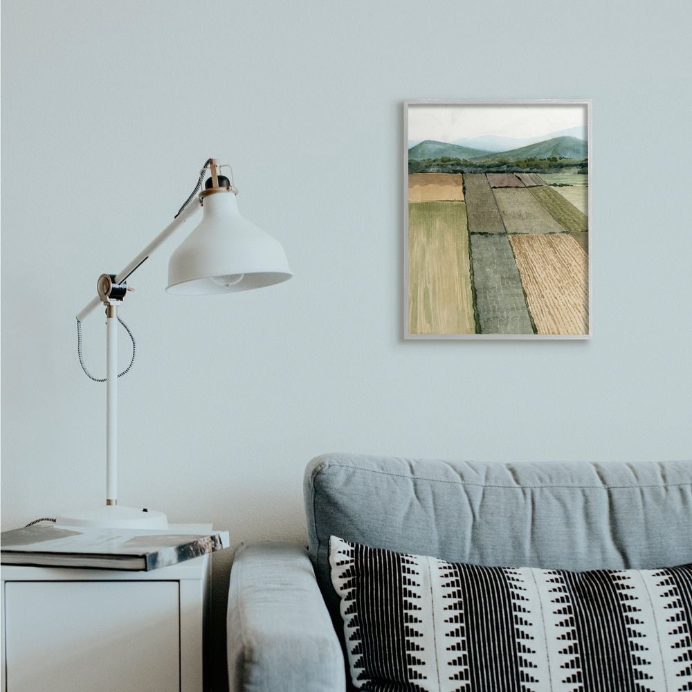 Stupell Industries Soft Green Farm Land and Mountain Landscape Framed Wall Art Design by Grace Popp, 16" x 20", Gray Framed