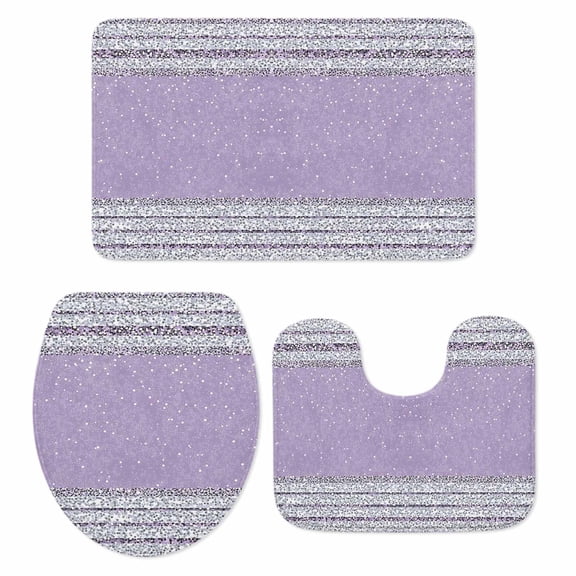 Abstract Light Purple Stripe Bathroom Rugs Set Sequins Square Celebration Non Slip Absorbent Soft Bath Mats 3 Piece Set with Bathroom Rug, U-Shaped Floor Mat, Toilet Seat Cover Large Size