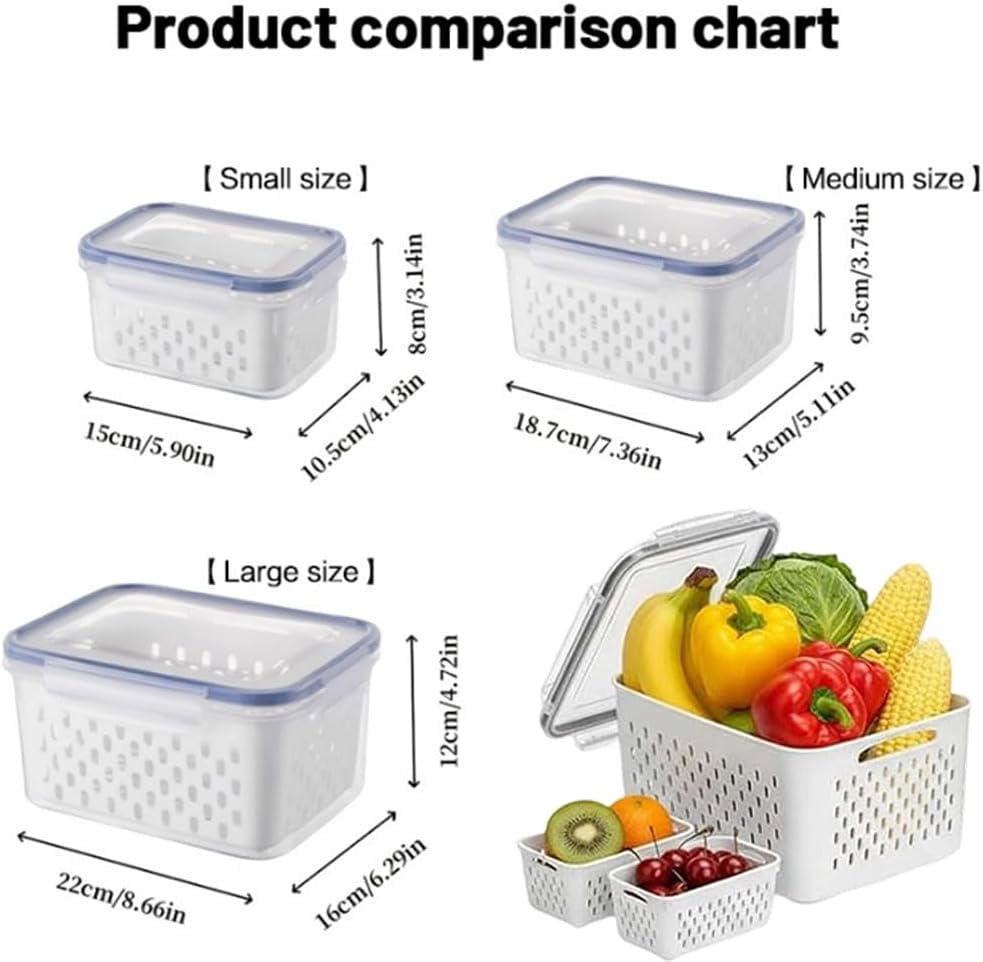 4 in 1 Food Storage Containers for Fridge,Household Transparent Plastic Food Storage Box-Including Drain Basket&Lid,Airtight Produce Container for Fruit Vegetable Organization (blue)(Q)