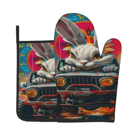 

Bingfone Vibrant Bunny Ride Print Oven Mitts Pot Holders Set 2 PCS for Kitchen for Cooking Grilling Baking BBQ Pot Holders Cook Essentials