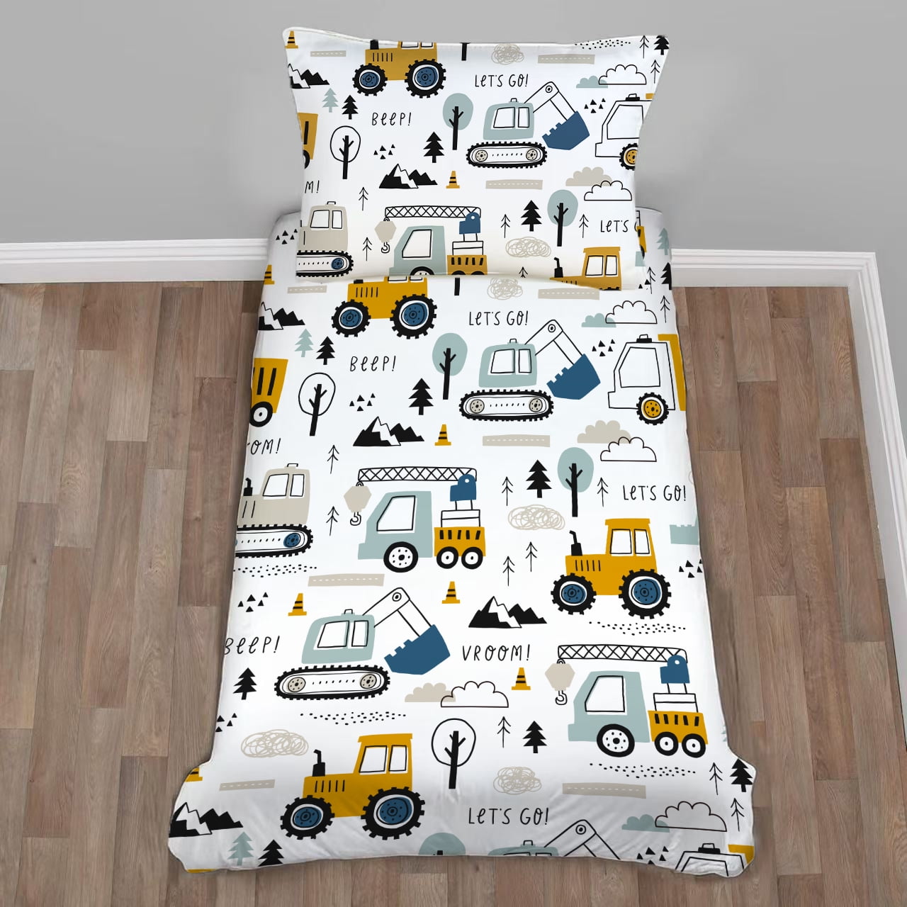 Toddler Bedding Sets for Baby Boys Girls Kids Construction Toddler Crib Comforter Set Flat Sheet Fitted Sheet and Pillowcase 4 Pieces White Truck Vehicles Excavator Cars