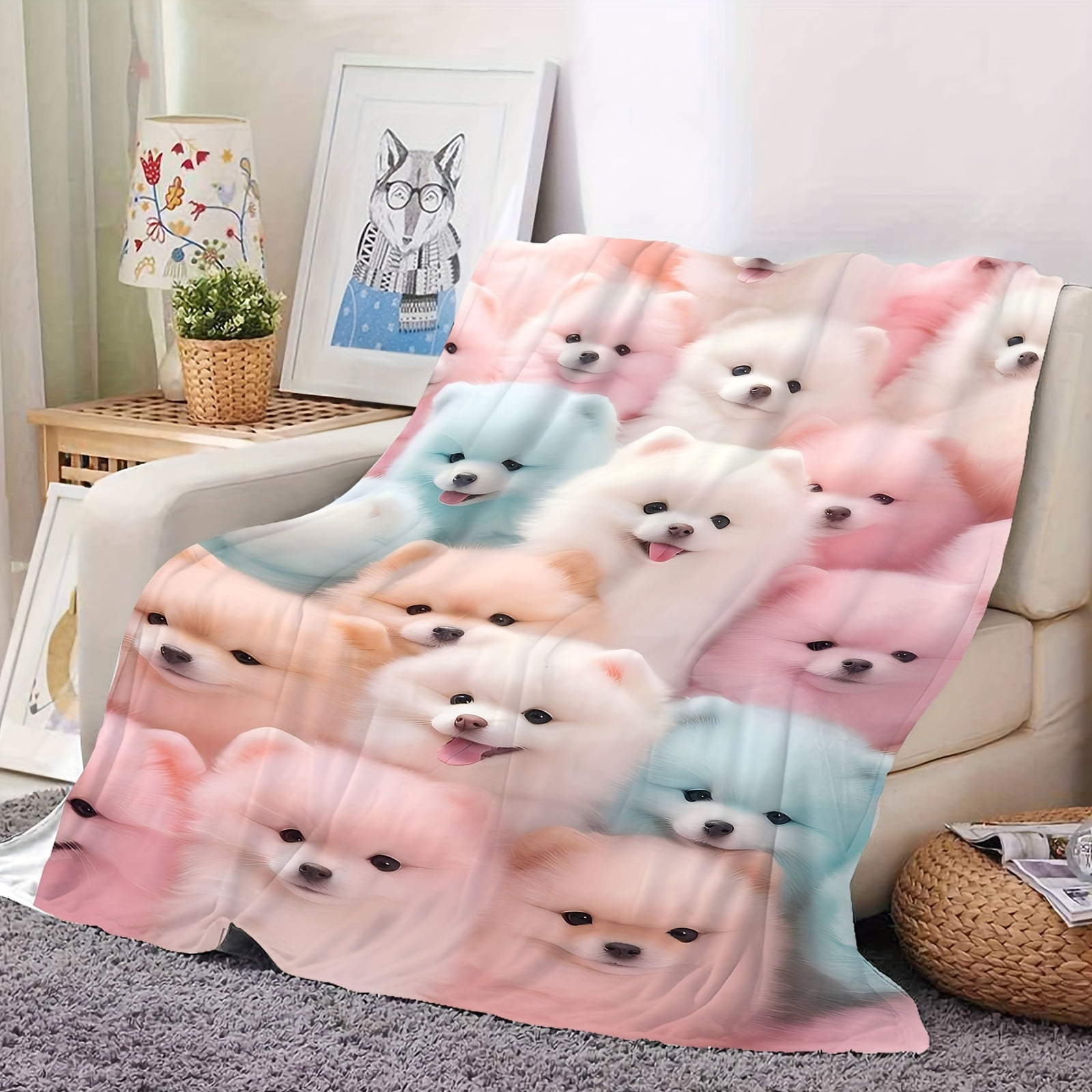 Contemporary Style All-Season Flannel Throw Blanket with High-Definition Digital Print Cute Pomeranian Dog Pattern - Soft, Warm Multipurpose Knit Flannel Blanket