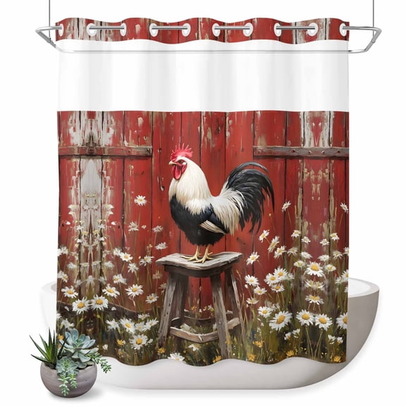 No Hook Shower Curtain for Bathroom, Red Rooster Waterproof Hotel Quality Shower Curtains, Farmhouse Animals Spring Floral Rustic Single Layer & Mesh Top Washable Fabric Bath Curtain Decor 72''x72''